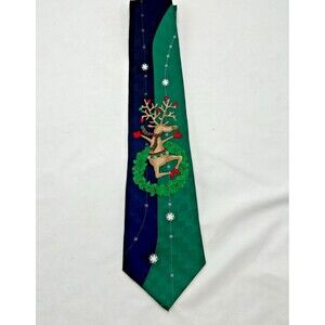 VINTAGE Hallmark Cool Yule Silk Neck Tie - Dancing Christmas Reindeer & Wreath